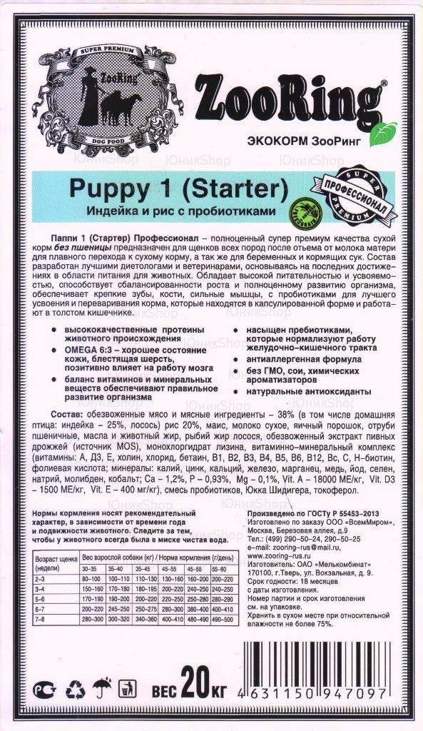 Корм ZooRing Puppy Starter для щенков Индейка и рис 20кг с пробиотиками